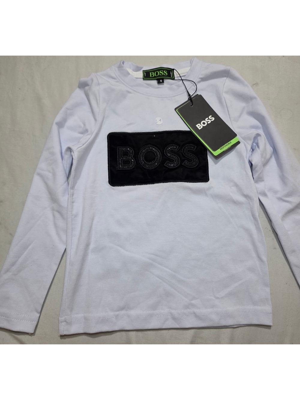 Boss White Long Sleeve Tee with Black Logo Patch